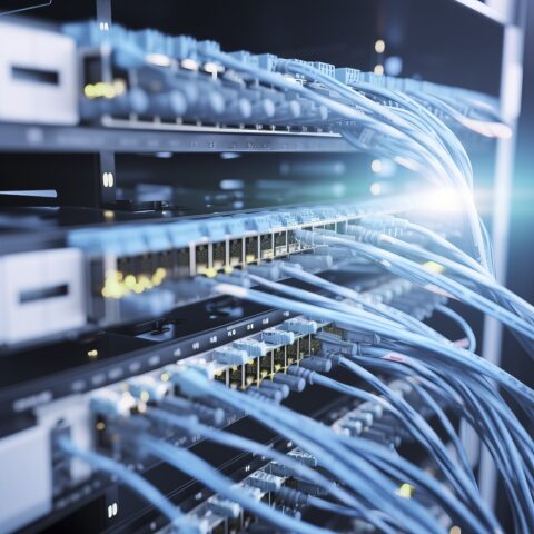 Server staggered cables and interfaces. AI technology generated image Netzwerktechnik
